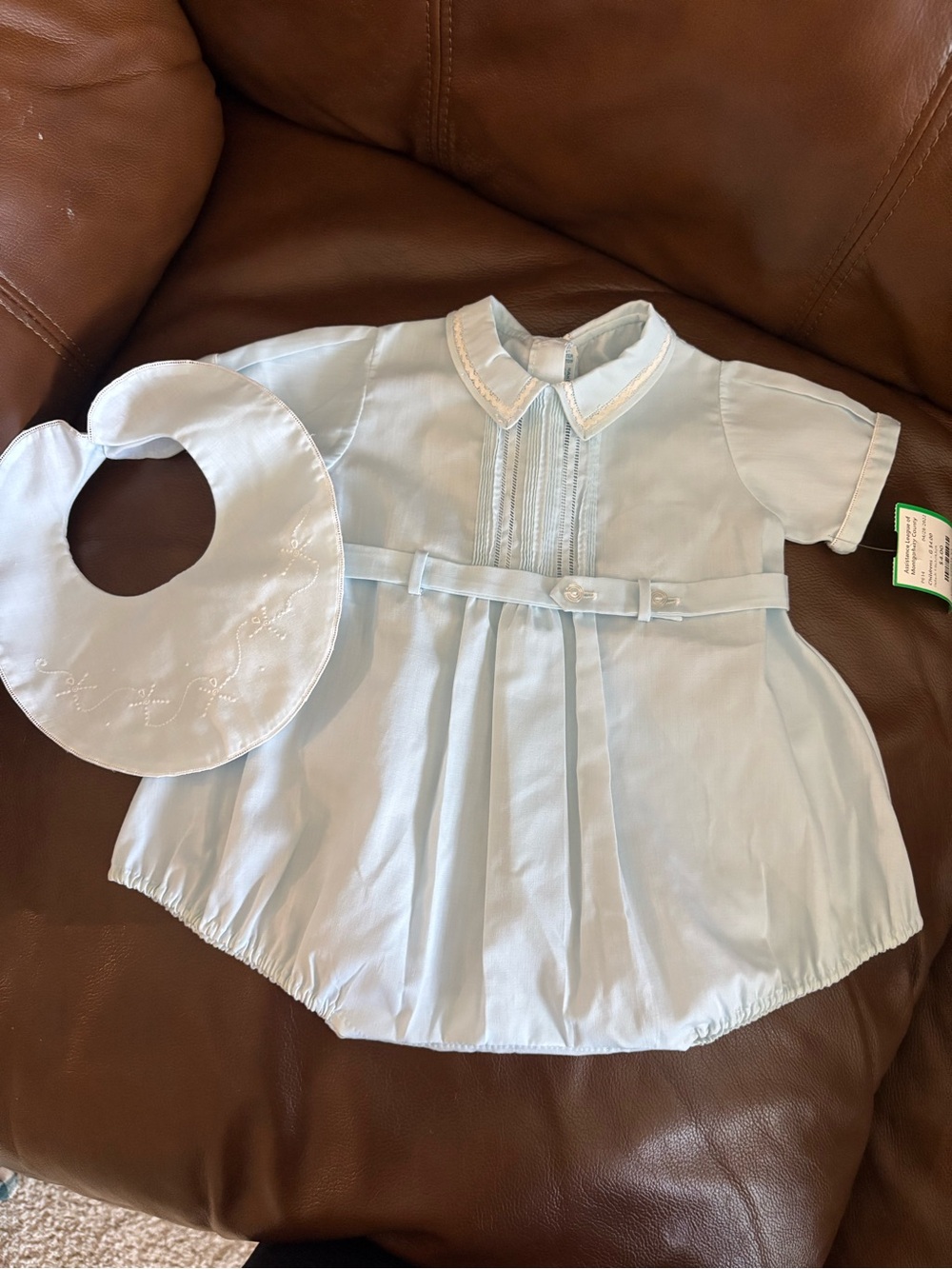 Classic Light Blue Baby One-Piece with Matching Bib